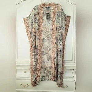 Gigio Blue Coral Paisley Floral Chiffon Long Open Kimono Duster Medium NWT - Picture 1 of 6