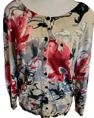 Joseph A Sweater Cardigan Size M Button 3/4 Sleeve Floral Rayon - Image 1 of 4