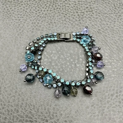 Pulsera Multi-Hebra Estrás Gunmetal Azul Púrpura Cuelga Cierre Plegable 7" Foto 1 de 4