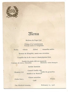 Menú de cena Waldorf-Astoria 1908 - Hotel original de la Quinta Avenida - Ciudad de Nueva York - Imagen 1 de 2
