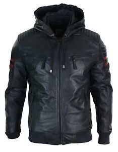Men Leather Jacket Hood Hooded Mens Bomber Real Black Biker Motorcycle Coat 2