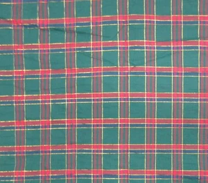 5 Yds Cotton Fabric Lightweight Green Red Blue Gold Metallic Plaid Pattern 43 In - Picture 1 of 5