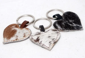 Set of 3 Keyrings 100% Natural Cow hide Heart Shaped Leather Hair On Keychain 45 - Picture 1 of 2