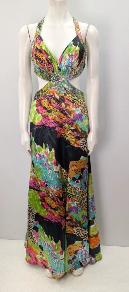 Vestido de graduación Y2K talla 4 multicolor satinado recortado sexy pedrería nupcial de David Foto 1 de 4