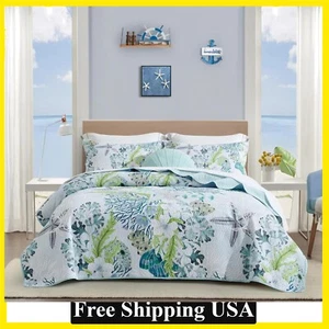 3Pcs Coastal7 Beach Quilt King Size Ocean Beach Themed Bedding Set Microfiber - Picture 1 of 8