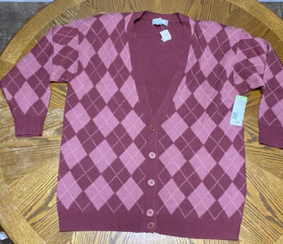 Cárdigan suéter vintage nuevo con etiquetas para mujer acrílico rojo y rosa Argyle XL Foto 1 de 4