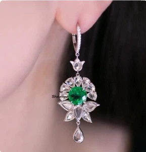 Moissanite Polki Diamond & Emerald Earrings 925 Sterling Silver Handmade Jewelry - Picture 1 of 3