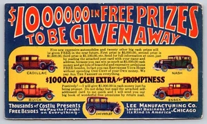 Postcard Lee Manufacturing Chicago Illinois $10,000,00 Prizes Five Automobiles - Picture 1 of 2