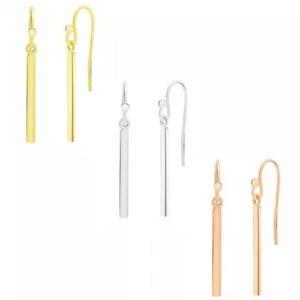 Gold Dainty Linear Bar Dangle Drop Hook Wire Earrings Solid 925 Sterling Silver - Picture 1 of 11