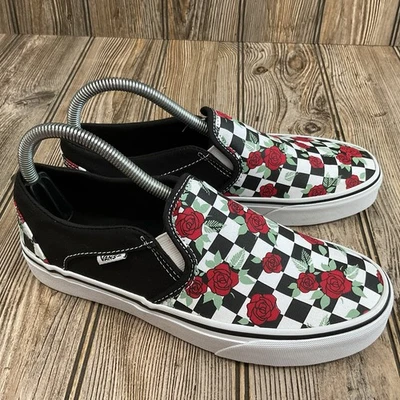 Vans Slip-On Checkerboard Womens Red Rose Print Black White Skate 721356 US 7.5 - Image 1 of 4