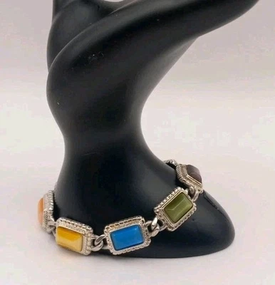 Pulsera Tenis Diseño Premier Eslabón Tono Plata con Piedras Ojo de Gato Multicolor... Foto 1 de 4