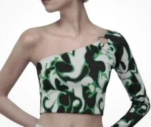 Top Zara Asimétrico Retro Remolino Recortado Un Brazo Adorno Plateado Nuevo con Etiquetas Talla Pequeña - Imagen 1 de 8