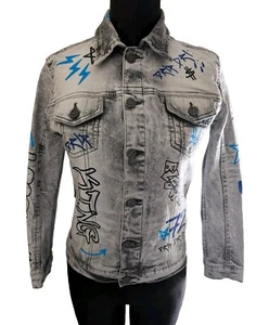 NWT FWRD Denim Graffiti Style All Over Design Jean Jacket Boys Size Medium 10-12 - Picture 1 of 10