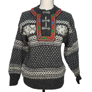 Nordic Pullover Sweater Women's Small Gray Cream Fair Isle L/S Pullover Clasp - Picture 1 of 6