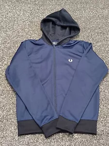 Fred Perry Hoodie track Jacket Boy Large Blue Hood Full Zip Logo - Picture 1 of 10