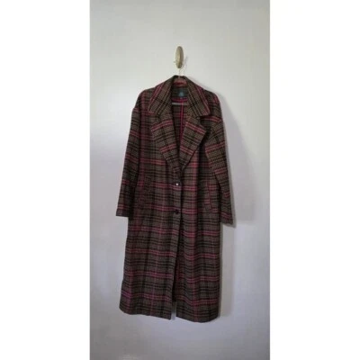 Women's Houndstooth Plaid Wool Blend Long Button Front Coat Preppy Academia - Image 1 of 4