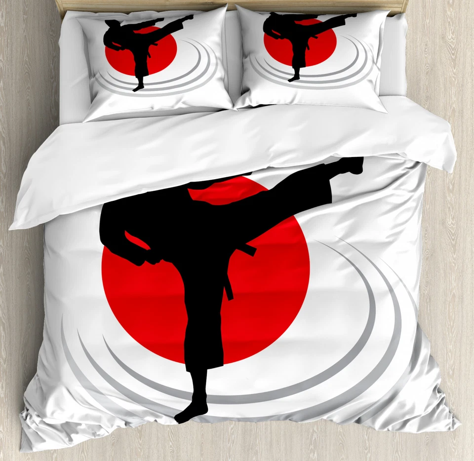 ABAKUHAUS Kung Fu Duvet Cover Set Man Karate Kick Silhouette