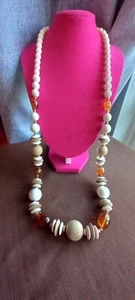 Art Decor Necklace With Acrylic Brown White Shell Beads, Beige Beads,gold... - Picture 1 of 10