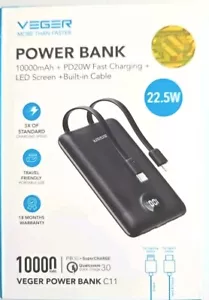 VEGER Fast Charging 22.5W Compact 10000Mah PowerBank + Cables for Apple Samsung - Picture 1 of 5