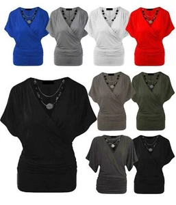 Womens Ladies Wrap Over Crossover V Neck Necklace Loose Tunic Batwing Top 8-22 - Picture 1 of 9
