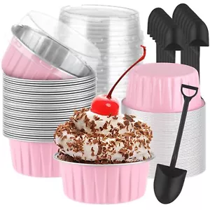 200pcs Alluminum Cupcake Containers 5oz Dessert Cups With Lids Mini Cake Pans Wi - Picture 1 of 8