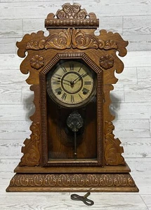 ANTIQUE E. INGRAHAM CO GINGERBREAD MANTLE CLOCK ST LOUIS WITH KEY EASTLAKE LOOK! - Picture 1 of 11