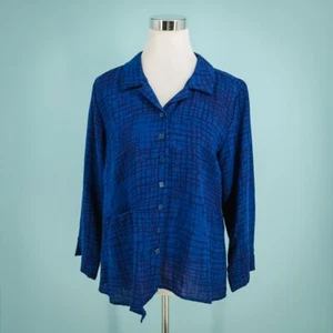 Habitat Size Small S Blue Plaid Print Collared Button Front Artsy Top Blouse - Picture 1 of 4