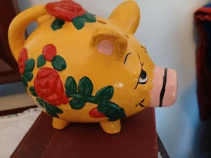 1970s PIG Piggy Bank Handpainted Pottery & Crafted in Mexico Yellow w/ Red Rose - Picture 1 of 13
