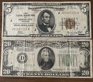 1929 $5 Federal Reserve Bank of Kansas City Missouri & 1934 $20 Federal Reserve - Picture 1 of 6