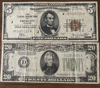 1929 $5 Federal Reserve Bank of Kansas City Missouri & 1934 $20 Federal Reserve - Image 1 of 4