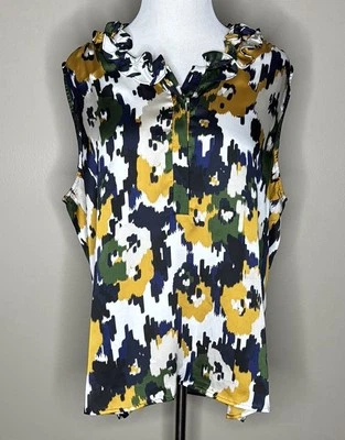 Blusa floral abstracta sin mangas Nine West para mujer multicolor cuello con volantes talla XL Foto 1 de 4