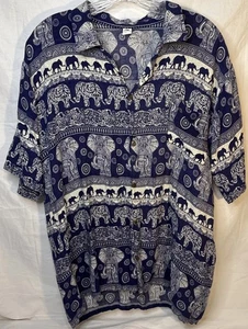 VTG Elephant AOP Short Sleeve Button Up Shirt Mens L Blue Lightweight Thailand - Picture 1 of 8