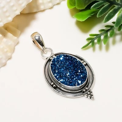 Colgante eléctrico azul titanio ágata drusa piedra preciosa sólida de plata de ley 925 Foto 1 de 4