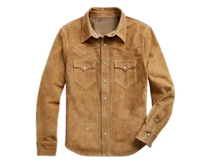 Men's Suede Leather Jacket Trucker Style Biker Brown Suede Leather Shirt Jacket - Picture 1 of 4
