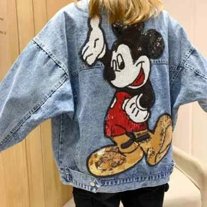 New Womens Disney Mickey Mouse Sequin Denim Jean Jacket One Size - Picture 1 of 5