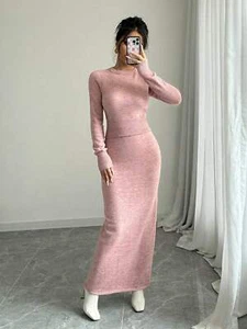 Look Time Life Essnce 2pcs Women's Solid Color Long Sleeve Sweater And Skirt Set - Picture 1 of 11