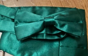Mens Cardi Green Blue Cummerbund Satin Adjustable Fit All Pre Tied Pocket Square - Imagen 1 de 4