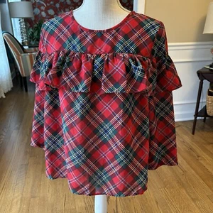 Crown & Ivy Wmn Medium Weihnachten kariert grün rot Rüschen Bluse 3/4 Ärmel neu mit Etikett - Bild 1 von 10