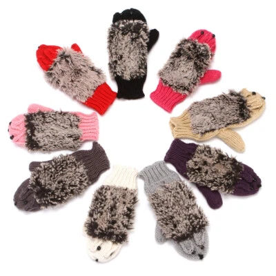 Womens Girls Knitted Hedgehog Gloves Winter Warm  Cute Cartoon Mittens ↖ - Image 1 of 4