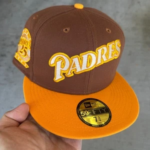 Size 7 3/4 New Era San Diego Padres Script Tiramisu Fitted Hat 59FIFTY 1969-1993 - Picture 1 of 3