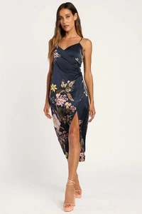 Lulus Remarkable Entrance Navy Blue Floral Print Satin Midi Dress Size XS New - Picture 1 of 5