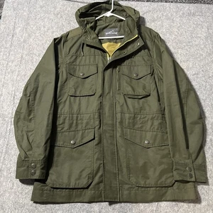 Eddie Bauer Military Full Zip Hooded Jacket Mens L Green Snap Parka Wind Rain  - Picture 1 of 11