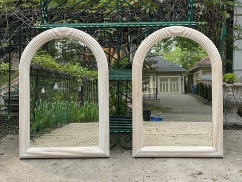 Pair of Vintage 1970s White Washed Pencil Reed Arched Wall Mirrors Cover