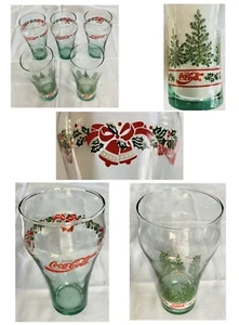 VINTAGE Coke Christmas Glass Tumblers 16 oz. Holly Red Script 5-Piece Set - Picture 1 of 12