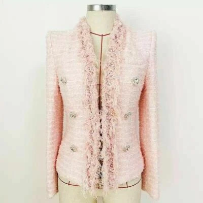 Mujer Chaqueta Doble Pecho Rosa Tweed Blazer Diamante Botones Calce Ajustado Abrigo OL Foto 1 de 4