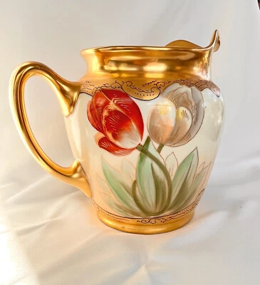 Pickard China Jug Large-Twin Tulip Pickard Porcelain Pitcher Gold Gorgeous Rare - Image 1 of 4