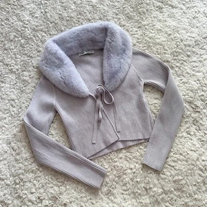 Zara Lilac Faux Fur Trim Collar Tie Front Ribbed Crop Cardigan Top Large - Picture 1 of 5