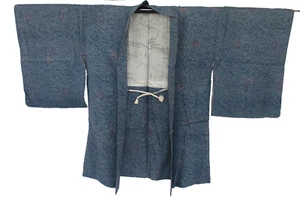 Japanese Vintage Kimono Haori Jacket Silk Blue Front tie Expensive Height 32in - Picture 1 of 23