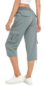 Women's Cargo Capris Hiking Running Pants Loose Button Decor Lightweight Quick D - Picture 1 of 7