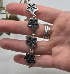 Vtg Sterling Silver 925 Modernist MCM Mexico Flower Link Brass Bracelet 31gr - Picture 1 of 10